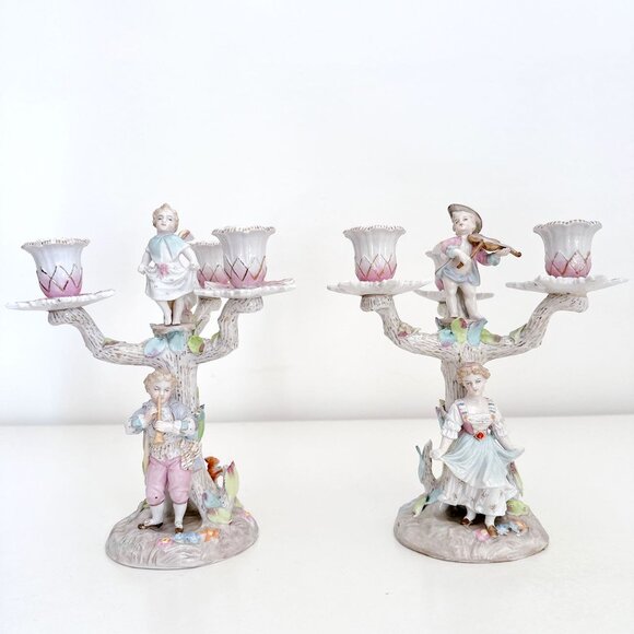 ANTIQUE DRESDEN MEISSEN HELENA WOLFSOHN PAIR OF CANDELABRAS 3 LIGHT - Picture 1 of 16